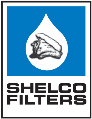 Shelco Filters logo: blue square with white water-drop containing a shell, and bold black 'SHELCO FILTERS' text beneath.